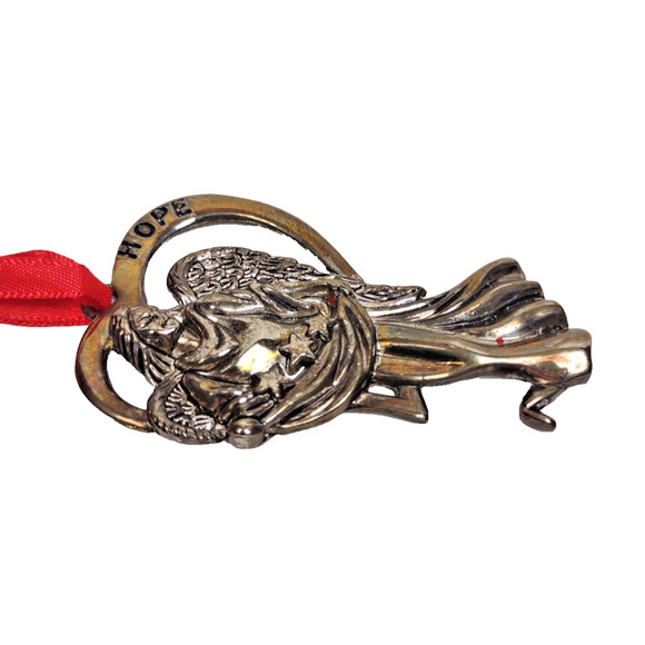 VTG Lenox Silver Plated Angel Christmas Ornament HOPE w Red Ribbon 3.25” - Picture 5 of 6